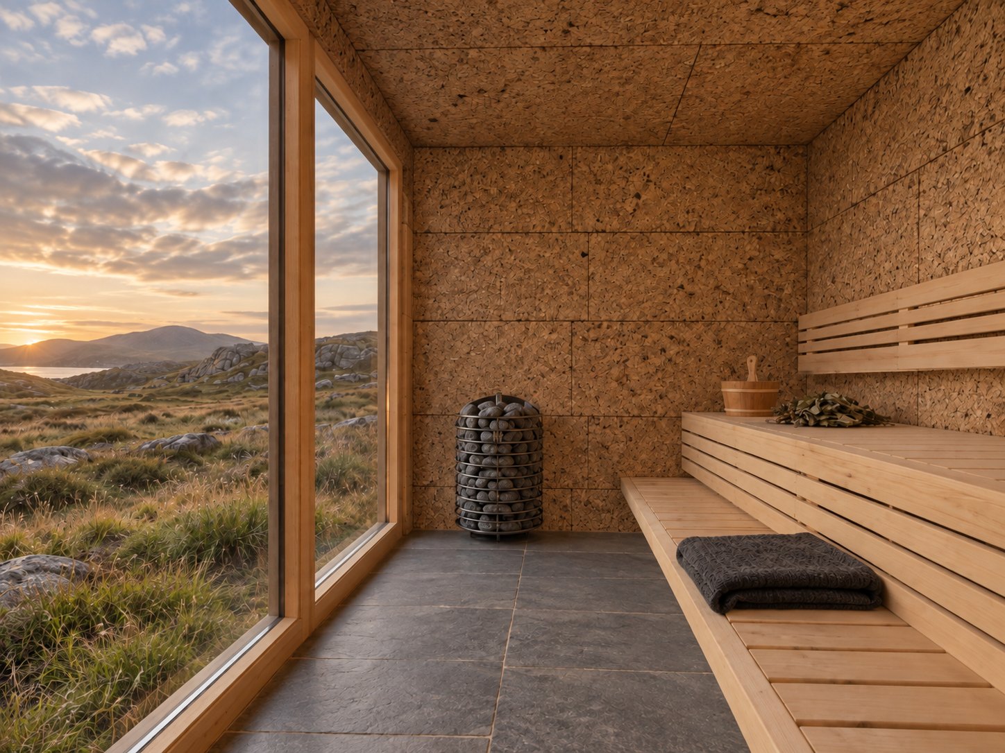 Visualisation of the planned cork sauna with timber benches, heater and panoramic glazing onto the machair